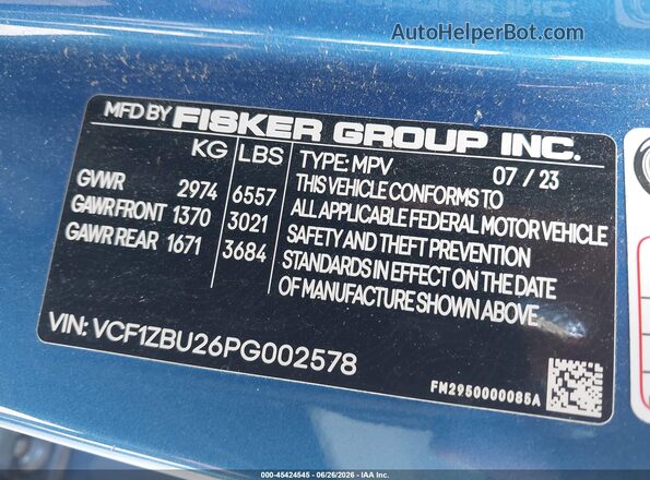 VCF1ZBU26PG002578 2023 FISKER OCEAN Blue Շարժիչի բաժամունքի տեսք