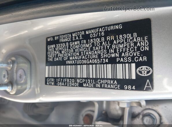 VNKKTUD36GA065734 2016 TOYOTA YARIS Silver 