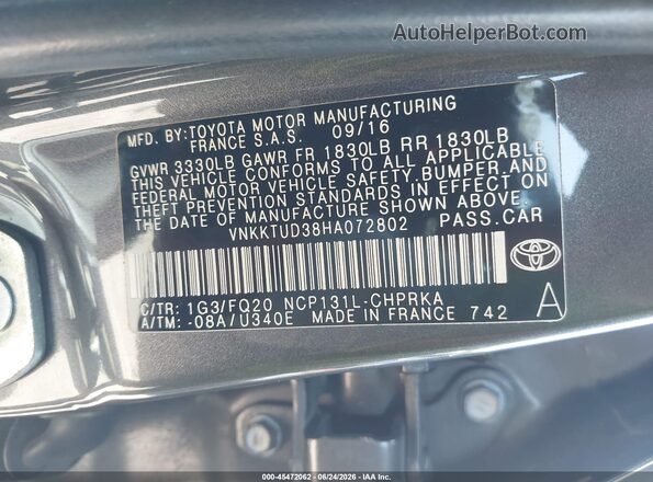 VNKKTUD38HA072802 2017 TOYOTA YARIS Gray Widok komory silnika