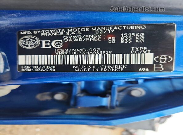 VNKKTUD3XHA083929 2017 TOYOTA YARIS Blue Vista de la etiqueta del VIN
