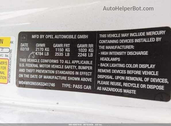 W04WH3N55KG341746 2019 BUICK CASCADA White Вид підкапотного простору