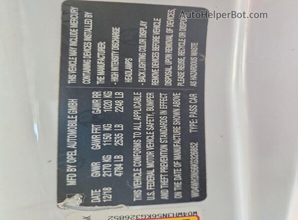W04WH3N56KG326852 2019 BUICK CASCADA White 
