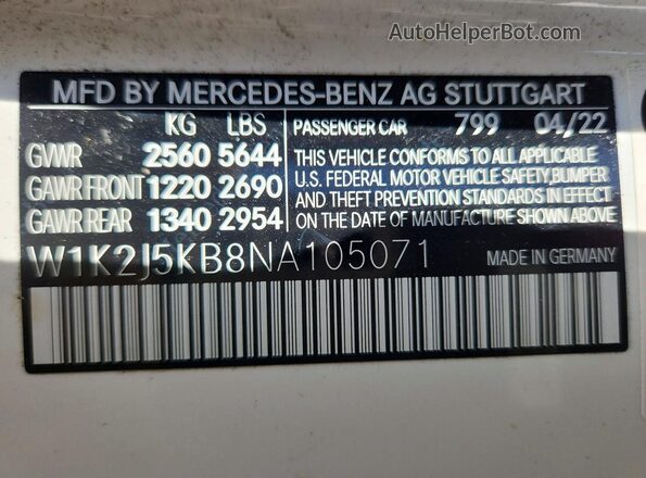 W1K2J5KB8NA105071 2022 MERCEDES-BENZ CLS-CLASS Белый 