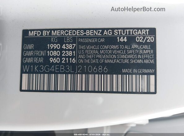 W1K3G4EB3LJ210686 2020 MERCEDES-BENZ A 220 White Engine compartment view