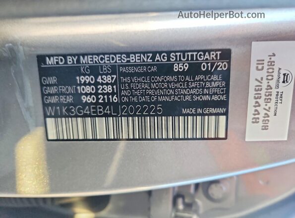 W1K3G4EB4LJ202225 2020 MERCEDES-BENZ A Gray Вид підкапотного простору