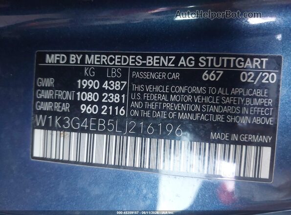W1K3G4EB5LJ216196 2020 MERCEDES-BENZ A 220 Blue Vista del compartimento del motor