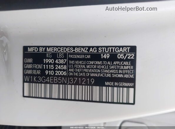 W1K3G4EB5NJ371219 2022 MERCEDES-BENZ A 220 White Շարժիչի բաժամունքի տեսք