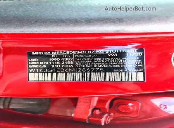 W1K3G4EB6MJ286775 2021 MERCEDES-BENZ A Красный 