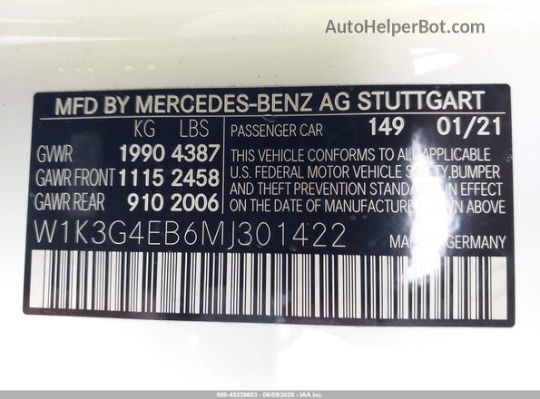 W1K3G4EB6MJ301422 2021 MERCEDES-BENZ A 220 White Вид підкапотного простору