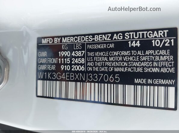 W1K3G4EBXNJ337065 2022 MERCEDES-BENZ A 220 White Շարժիչի բաժամունքի տեսք