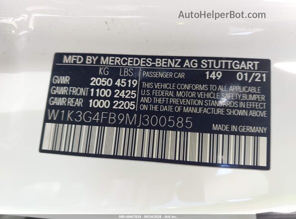 W1K3G4FB9MJ300585 2021 MERCEDES-BENZ A 220 Белый Вид подкапотного пространства