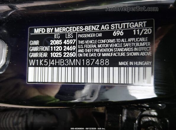 W1K5J4HB3MN187488 2021 MERCEDES-BENZ CLA 250 Black Вид підкапотного простору