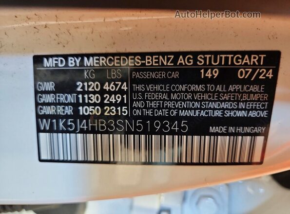 W1K5J4HB3SN519345 2025 MERCEDES-BENZ CLA-CLASS Белый Вид наклейки с VIN-кодом