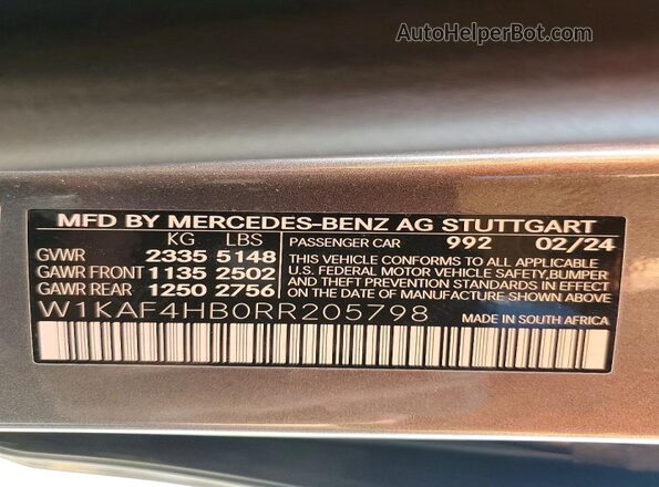 W1KAF4HB0RR205798 2024 MERCEDES-BENZ C Gray Вид наклейки з VIN-кодом