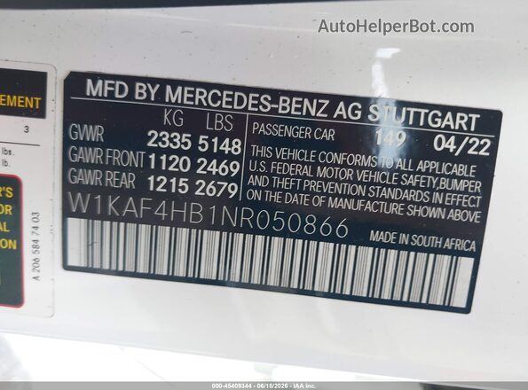 W1KAF4HB1NR050866 2022 MERCEDES-BENZ C-CLASS White Widok komory silnika