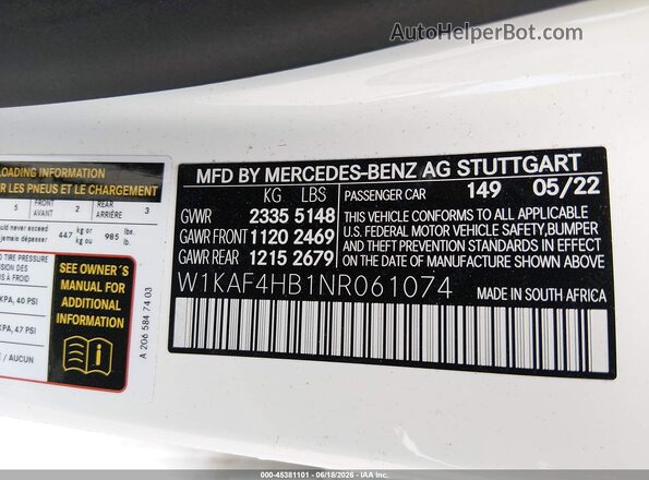 W1KAF4HB1NR061074 2022 MERCEDES-BENZ C-CLASS Белый Вид подкапотного пространства