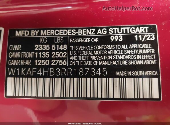 W1KAF4HB3RR187345 2024 MERCEDES-BENZ C-CLASS Red Вид підкапотного простору