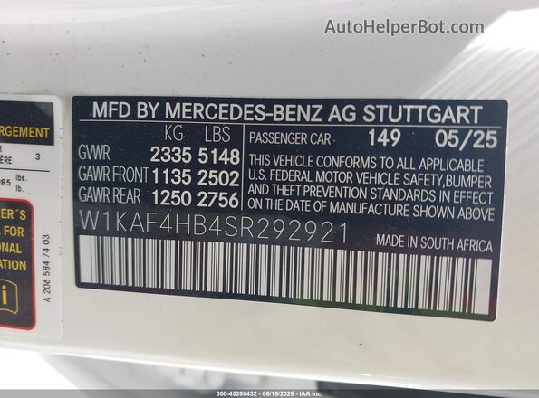 W1KAF4HB4SR292921 2025 MERCEDES-BENZ C-CLASS White ძრავის განყოფილების ხედი