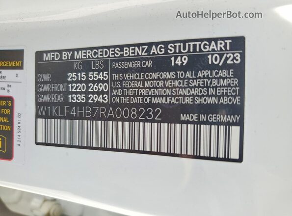 W1KLF4HB7RA008232 2024 MERCEDES-BENZ E White Widok naklejki z numerem VIN