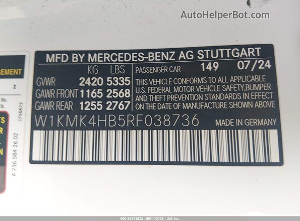 W1KMK4HB5RF038736 2024 MERCEDES-BENZ CLE 300 White Widok naklejki z numerem VIN
