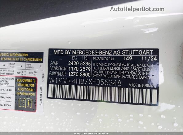 W1KMK4HB7SF055348 2025 MERCEDES-BENZ CLE 300 White Widok komory silnika