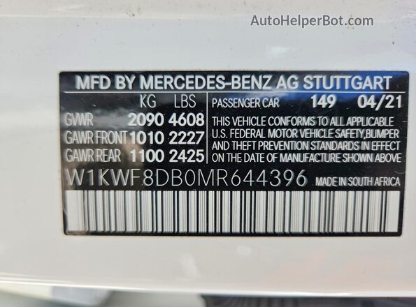 W1KWF8DB0MR644396 2021 MERCEDES-BENZ C White ძრავის განყოფილების ხედი