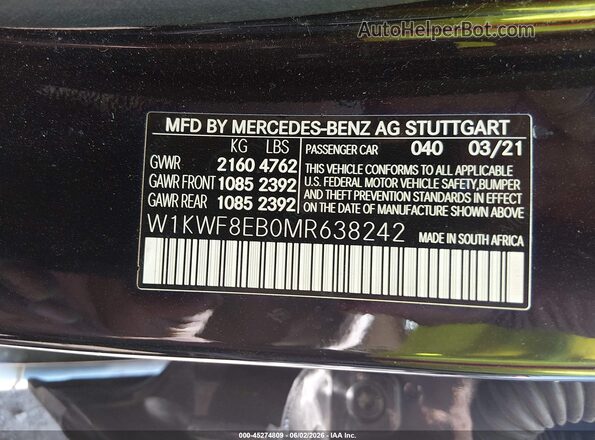 W1KWF8EB0MR638242 2021 MERCEDES-BENZ C-CLASS Black Շարժիչի բաժամունքի տեսք