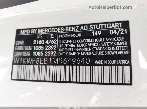 W1KWF8EB1MR649640 2021 MERCEDES-BENZ C-CLASS White Vista del compartimento del motor