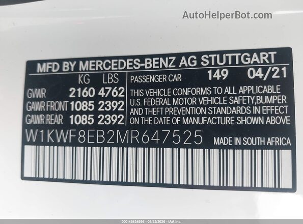 W1KWF8EB2MR647525 2021 MERCEDES-BENZ C-CLASS White Շարժիչի բաժամունքի տեսք