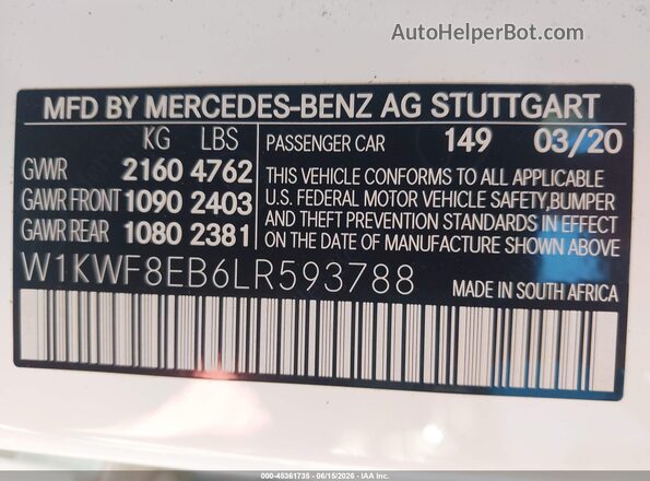 W1KWF8EB6LR593788 2020 MERCEDES-BENZ C-CLASS White Вид підкапотного простору