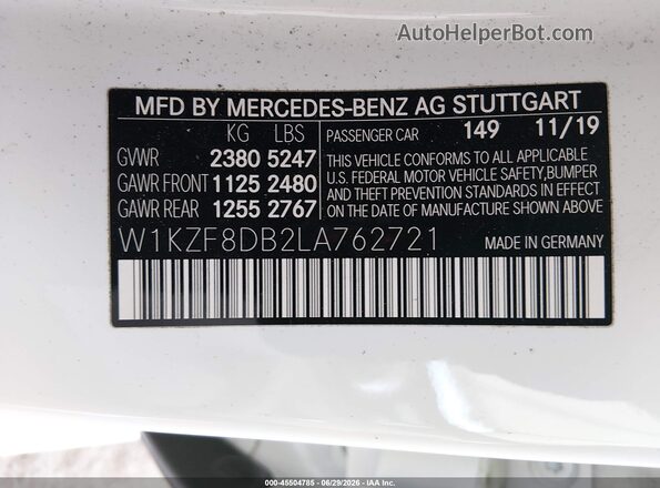 W1KZF8DB2LA762721 2020 MERCEDES-BENZ E-CLASS White Вид підкапотного простору