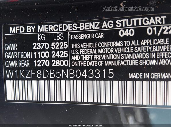W1KZF8DB5NB043315 2022 MERCEDES-BENZ E-CLASS Black Вид підкапотного простору