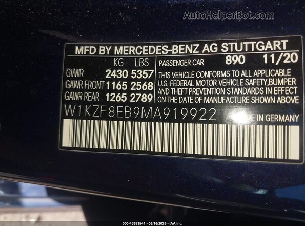 W1KZF8EB9MA919922 2021 MERCEDES-BENZ E-CLASS Blue Engine compartment view