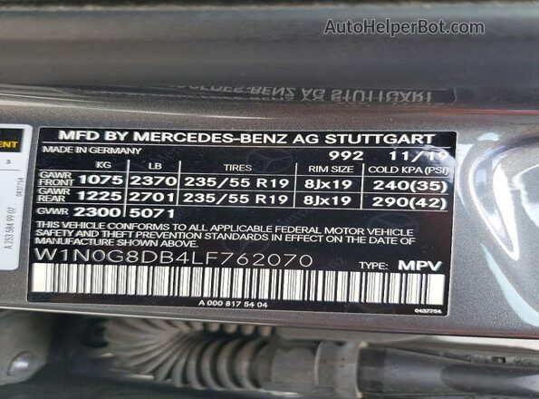 W1N0G8DB4LF762070 2020 MERCEDES-BENZ GLC-CLASS Gray Widok naklejki z numerem VIN