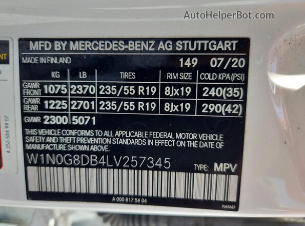 W1N0G8DB4LV257345 2020 MERCEDES-BENZ GLC-CLASS White Панорамний вид салону 360°