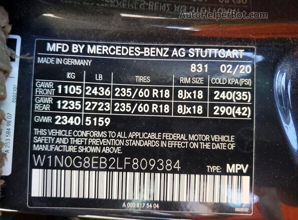 W1N0G8EB2LF809384 2020 MERCEDES-BENZ GLC-CLASS Gray VIN կոդի պիտակի տեսք