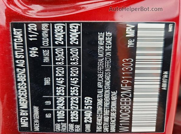 W1N0G8EB2MF911303 2021 MERCEDES-BENZ GLC-CLASS Red Вид наклейки з VIN-кодом