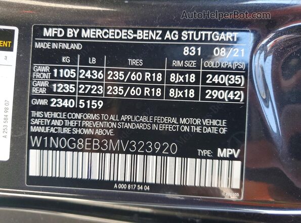 W1N0G8EB3MV323920 2021 MERCEDES-BENZ GLC-CLASS Gray VIN կոդի պիտակի տեսք