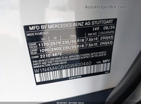 W1N4M4GB9SW400460 2025 MERCEDES-BENZ GLB-CLASS White Շարժիչի բաժամունքի տեսք