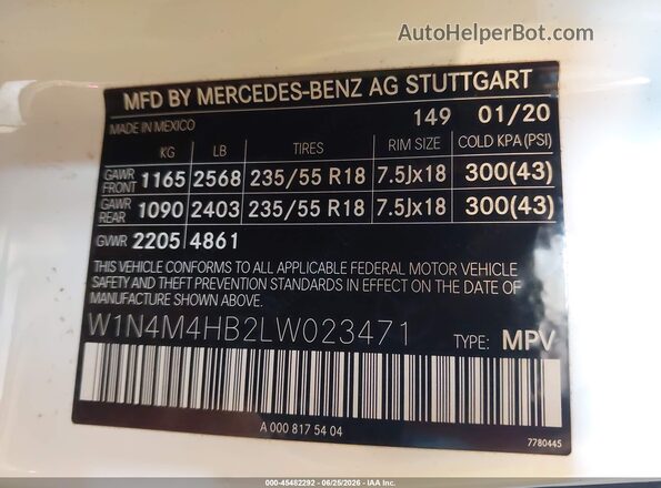 W1N4M4HB2LW023471 2020 MERCEDES-BENZ GLB-CLASS White Շարժիչի բաժամունքի տեսք