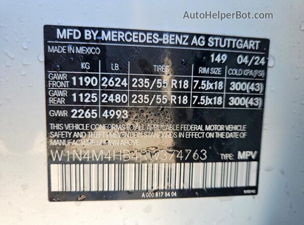 W1N4M4HB4RW374763 2024 MERCEDES-BENZ GLB-CLASS White Vista del compartimento del motor