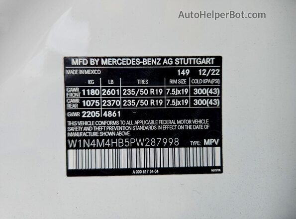 W1N4M4HB5PW287998 2023 MERCEDES-BENZ GLB-CLASS Белый 