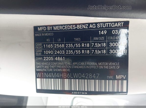 W1N4M4HB6LW042847 2020 MERCEDES-BENZ GLB-CLASS White Շարժիչի բաժամունքի տեսք