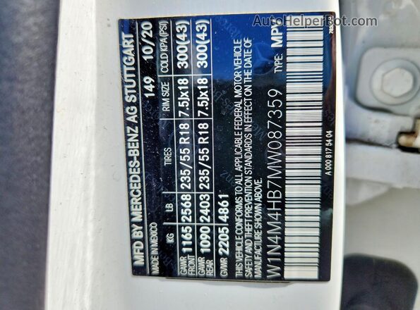 W1N4M4HB7MW087359 2021 MERCEDES-BENZ GLB-CLASS White Widok wnętrza 360 stopni