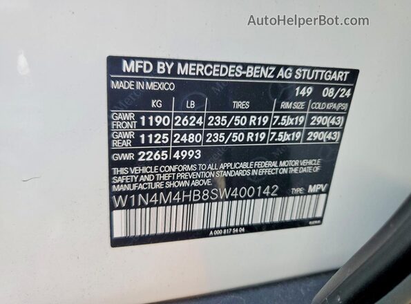W1N4M4HB8SW400142 2025 MERCEDES-BENZ GLB-CLASS White VIN კოდის სტიკერის ხედი