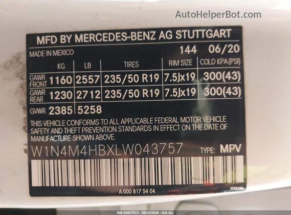 W1N4M4HBXLW043757 2020 MERCEDES-BENZ GLB-CLASS White Շարժիչի բաժամունքի տեսք