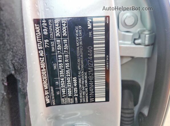 W1N4N4HB2MJ274440 2021 MERCEDES-BENZ GLA Серебряный Вид наклейки с VIN-кодом
