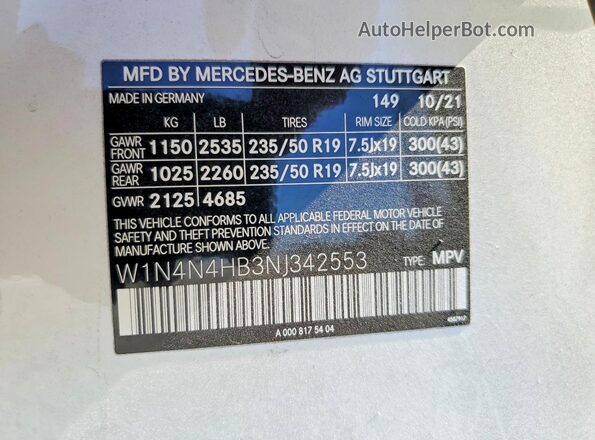 W1N4N4HB3NJ342553 2022 MERCEDES-BENZ GLA White VIN კოდის სტიკერის ხედი