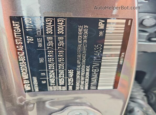 W1N4N4HB7MJ114635 2021 MERCEDES-BENZ GLA Gray Widok naklejki z numerem VIN