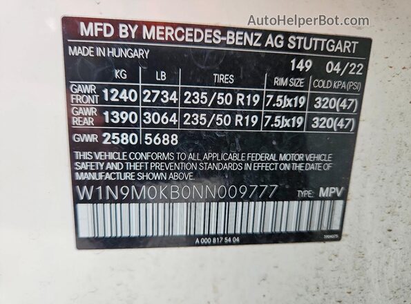 W1N9M0KB0NN009777 2022 MERCEDES-BENZ EQB White Vista del compartimento del motor